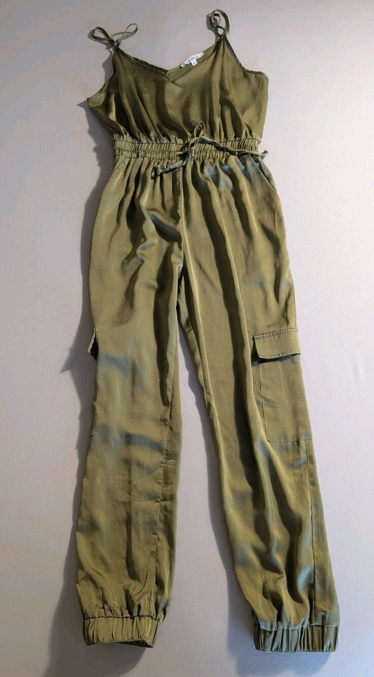 Olive Green Satin Cargo Jumpsuit Tapered Jogger V Neck Sleeveless Utility Medium